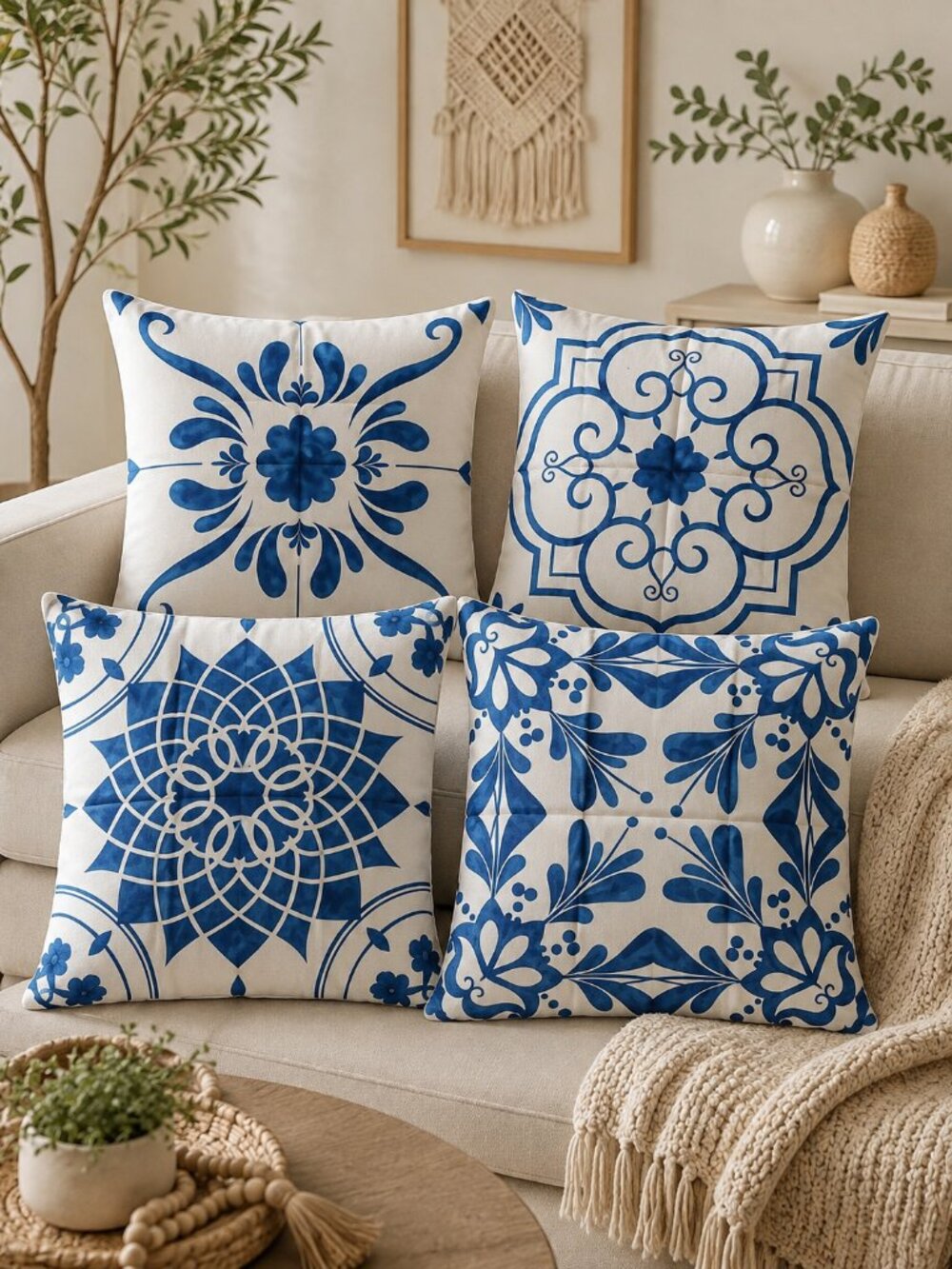 Blue Floral Throw Pillow Covers Set of 4 19x19 Linen Decorative Cushion Covers